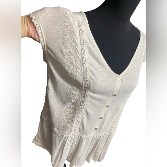 LUCKY BRAND Ivory Woven Embroidered Peplum Slub Knit Top Women’s Size Small - Picture 9 of 16